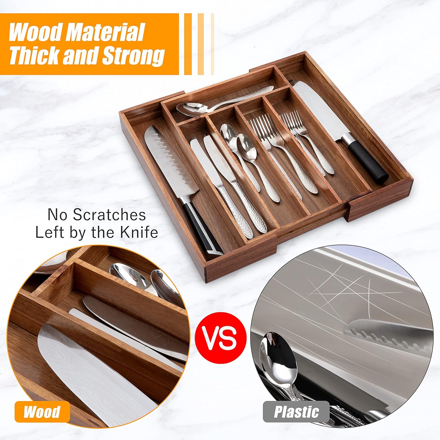 Bellsal Acacia Silverware Organizer Kitchen Drawer Organizer Expandable Bamboo Utensil Holder