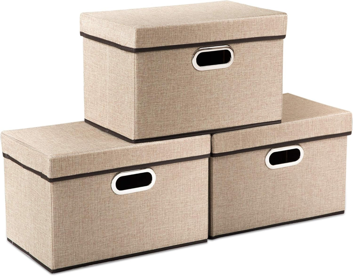 PRANDOM Collapsible Storage Cubes with Lids [3-Pack] Jute Fabric Foldable Storage Boxes Organizer