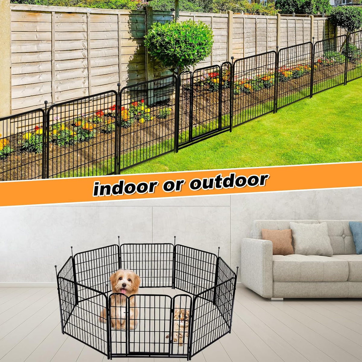 Garden Fence with Gate 32 in(H)×27 in(L) 4 Panels,Fence Blocker for Dogs, Heavy Duty Iron Animal