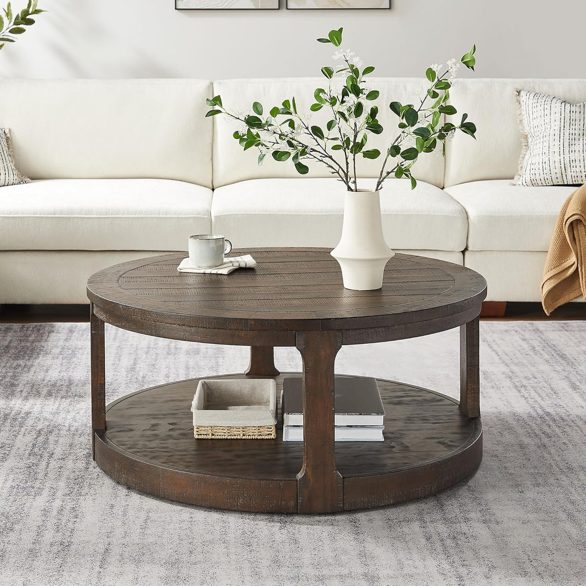 WILLIAMSPACE 40" Round Coffee Table with Wheels, Circle 2 Tier Solid Wood Center Coffee Table, Mid