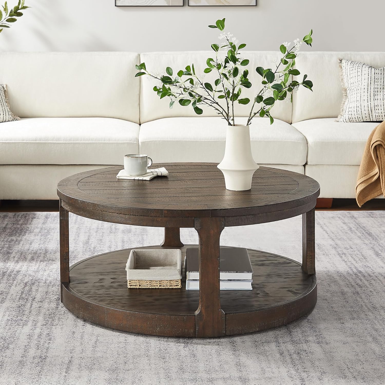 WILLIAMSPACE 40" Round Coffee Table with Wheels, Circle 2 Tier Solid Wood Center Coffee Table, Mid