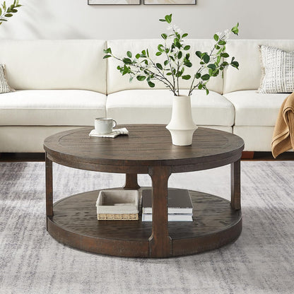 WILLIAMSPACE 40" Round Coffee Table with Wheels, Circle 2 Tier Solid Wood Center Coffee Table, Mid