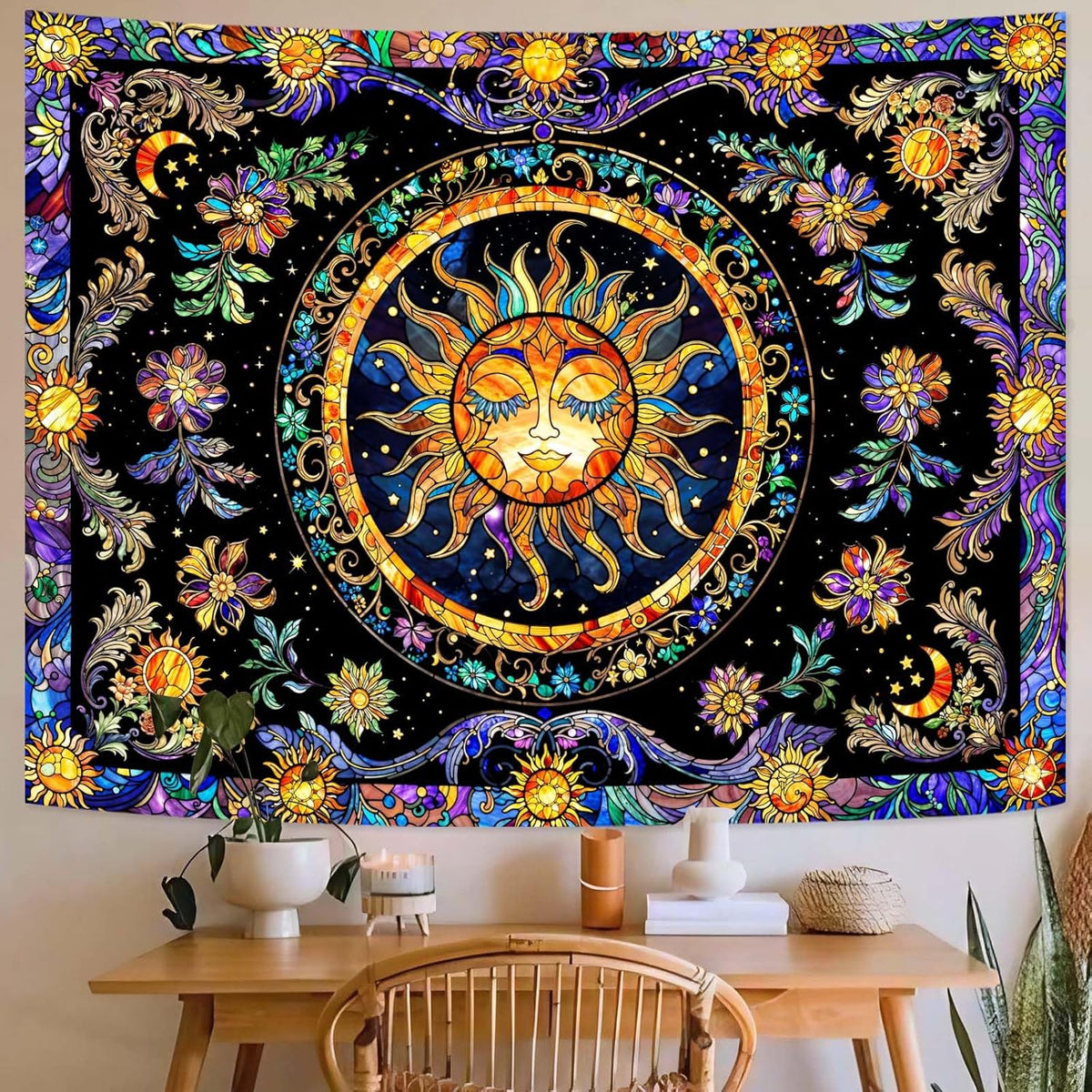 Lunerfex Sun Tapestry Stained Glass Tapestry Wall Decor Tapestries for Bedroom Boho Tapestries Wall