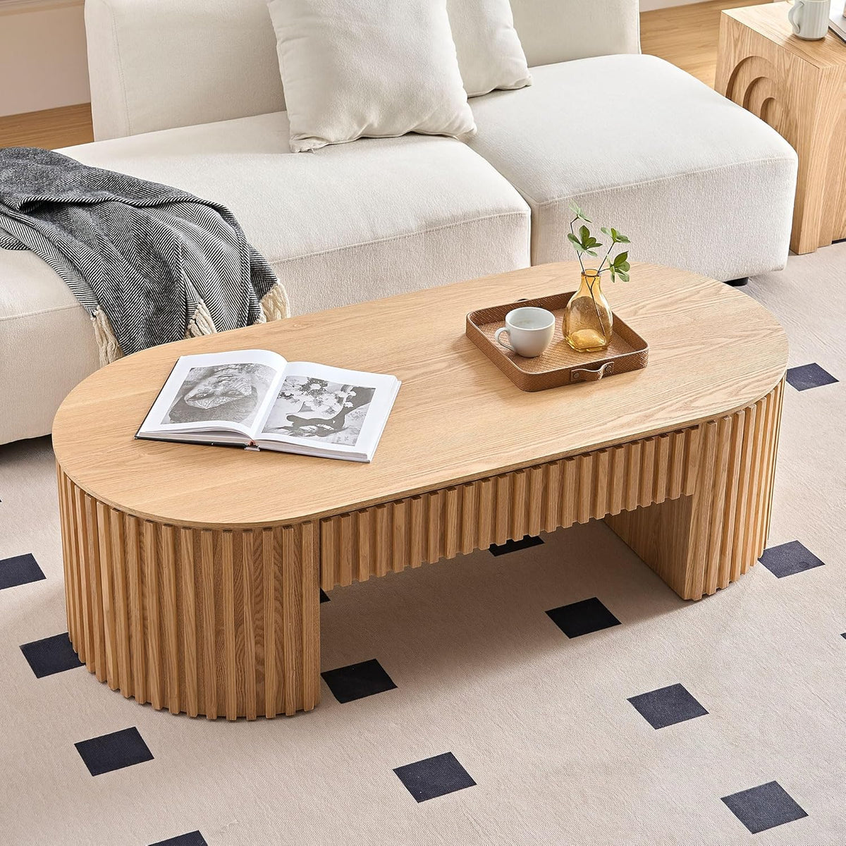 51.18'' Oval Coffee Table for Living Room Fluted Center Table with Drawer, Mid Century Modern