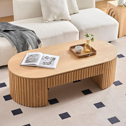51.18'' Oval Coffee Table for Living Room Fluted Center Table with Drawer, Mid Century Modern