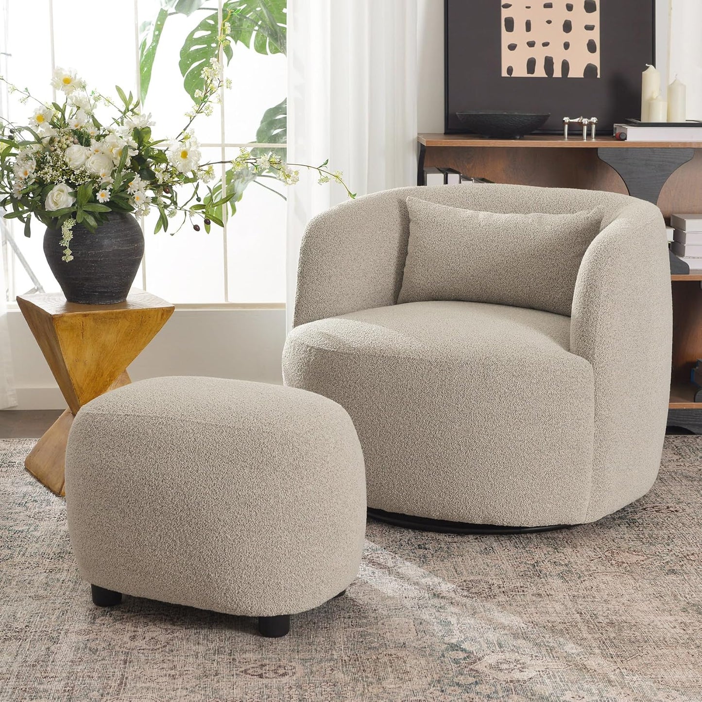 KINWELL 34" Wide 2 Boucle Swivel Barrel Chairs and 2 Ottomans Set, Fully Assembled Sherpa Accent
