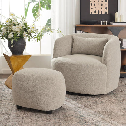 KINWELL 34" Wide 2 Boucle Swivel Barrel Chairs and 2 Ottomans Set, Fully Assembled Sherpa Accent