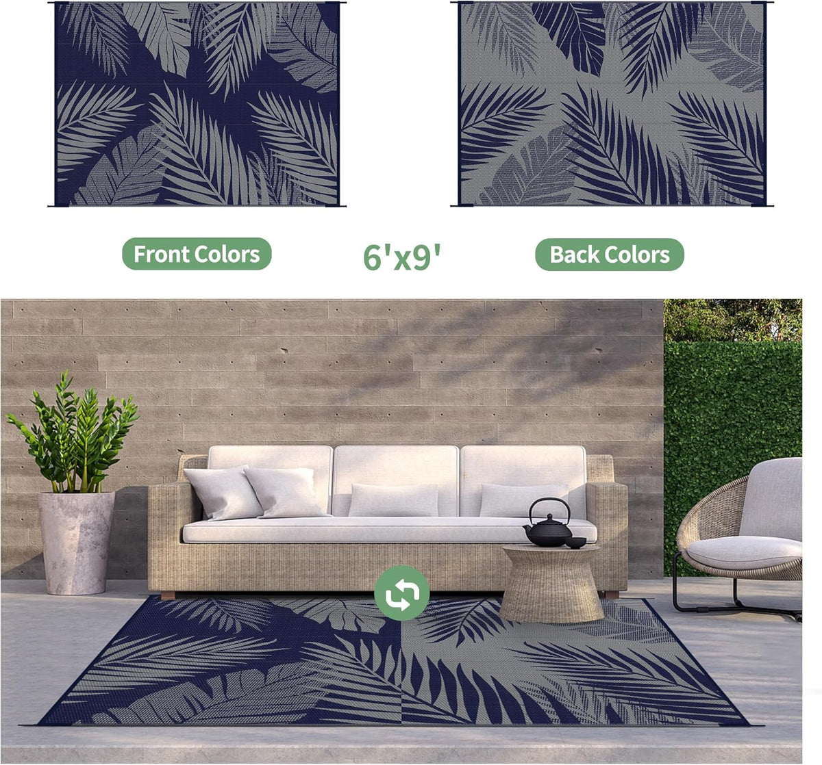 GENIMO Outdoor Rug 6' x 9' Waterproof for Patios Clearance, Reversible Outdoor Plastic Straw