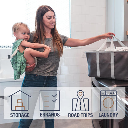 CleverMade Collapsible Laundry Tote - Denim Charcoal 2-Pack 50L - Foldable Storage Organization