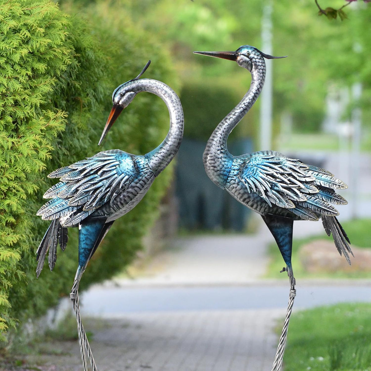 Crane Decor Statues, Blue Heron Garden Statues Metal Yard Art Outdoor Decoy, Garden Sculptures for