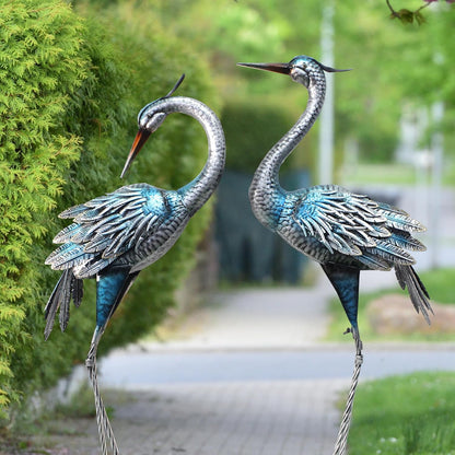Crane Decor Statues, Blue Heron Garden Statues Metal Yard Art Outdoor Decoy, Garden Sculptures for