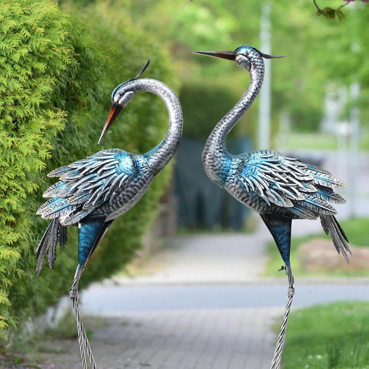 Crane Decor Statues, Blue Heron Garden Statues Metal Yard Art Outdoor Decoy, Garden Sculptures for