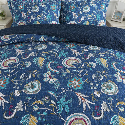 NEWLAKE Quilt Set King Size, Bedspread Sets Blue Botanical Floral Patterns, Reversible Quilt