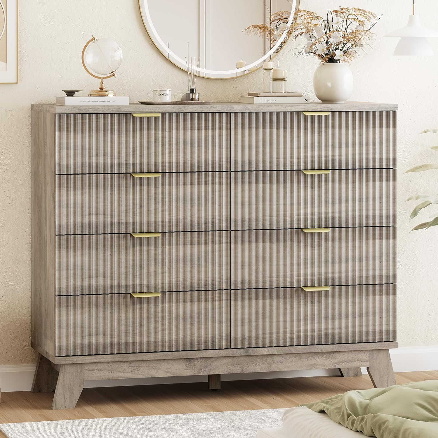 Fluted Dresser for Bedroom with 8 Drawers, 48" Wide Modern Chest of Drawers with Metal Handle
