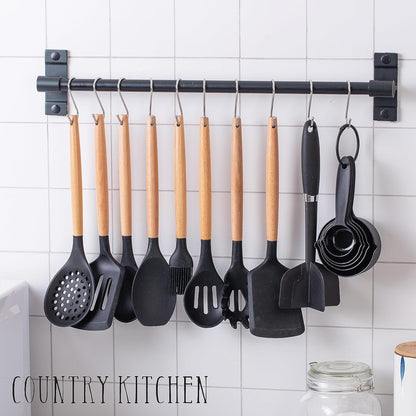 Country Kitchen Non Stick Silicone Utensil Set with Rounded Wood Handles for Cooking and Baking, 38