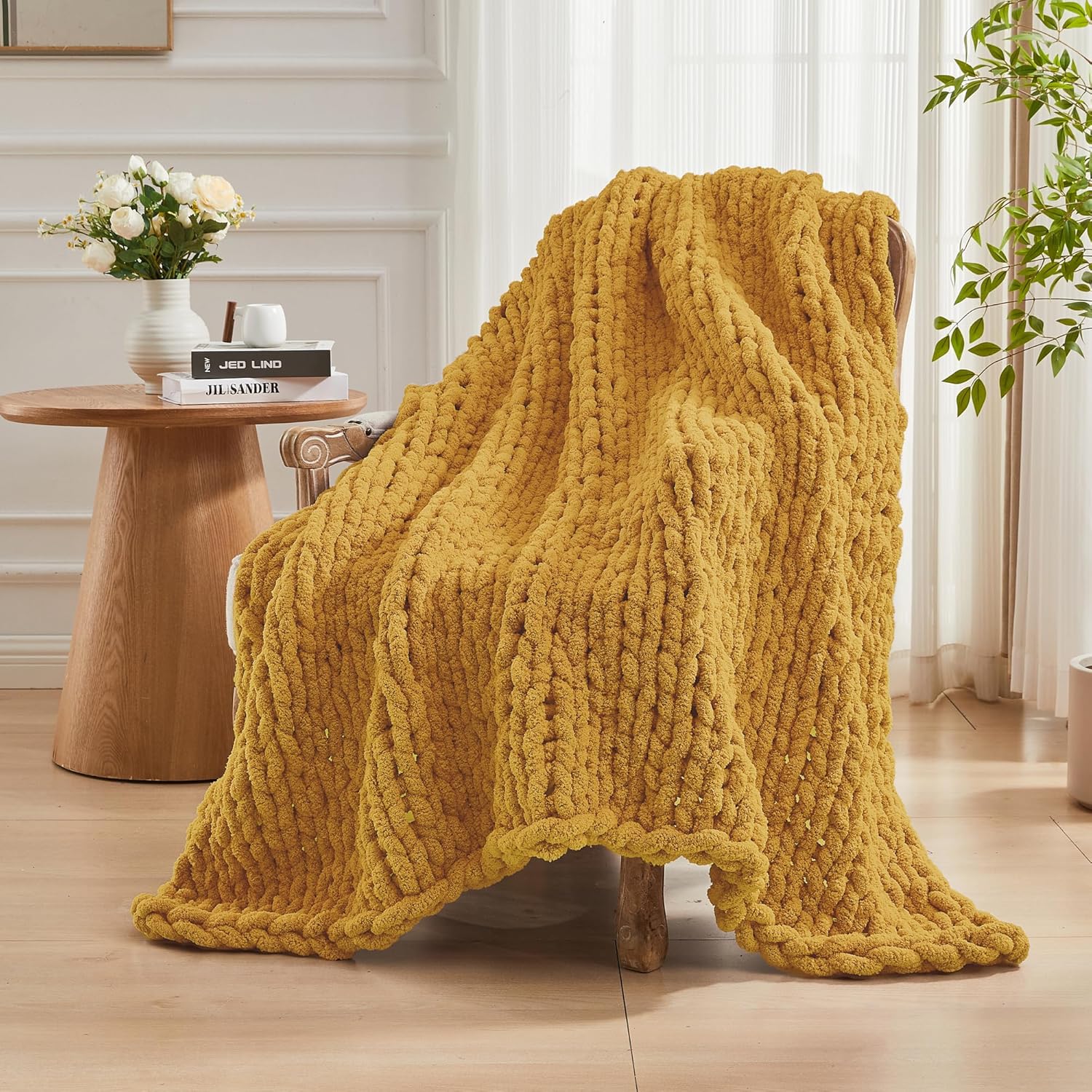 Carriediosa Chunky Knit Throw Blanket 50" X 60", 100% Hand Made Large Chenille Loop Yarn Soft