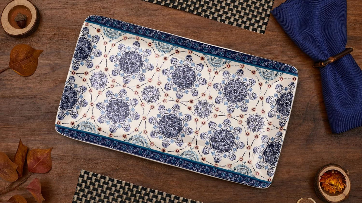 Bico Blue Talavera Ceramic 14 inch Rectangular Serving Platter, Set of 2, for Serving Salad, Pasta