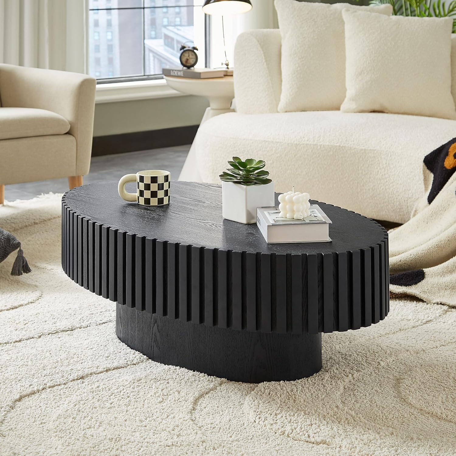 Oval Coffee Table for Living Room, Modern Fluted Coffee Tables with Pedestal Base, Handcrafted