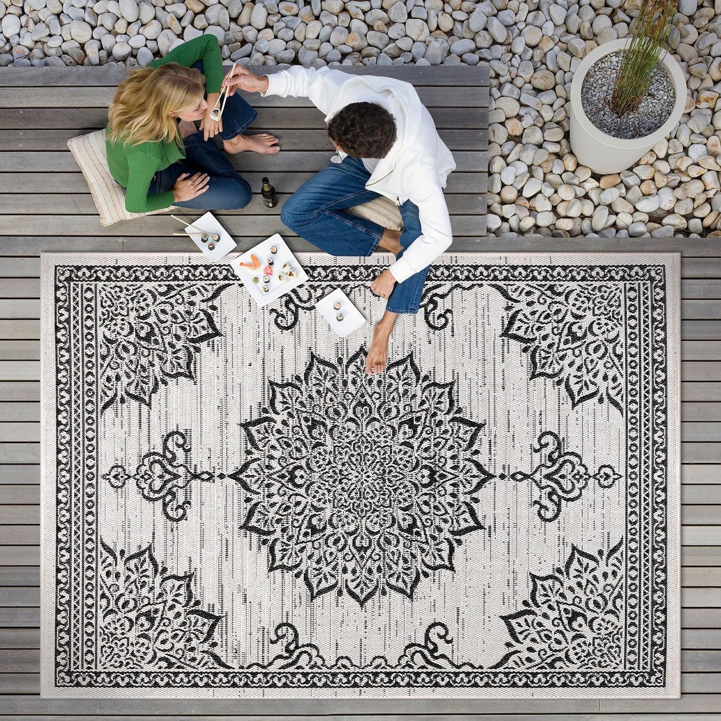 CAMILSON Outdoor Rug, 8x10 Medallion White Black Modern Area Rugs for Indoor and Outdoor Patios