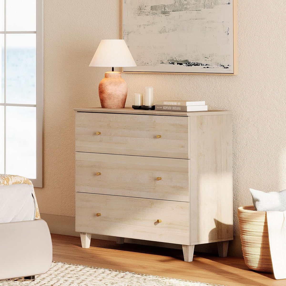 WAMPAT Bedroom Dresser with 3 Drawers, 35.4" Wide Wood Kids Dressers, Chest of Drawers, Modern