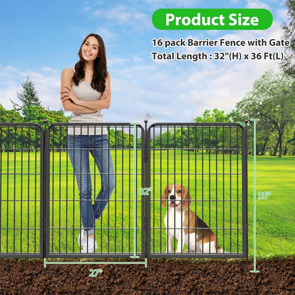 Decorative Black Metal Fencing Garden Fence with Gate, 36ft(L) 32in(H) 16 Fence Panels No Dig Fence
