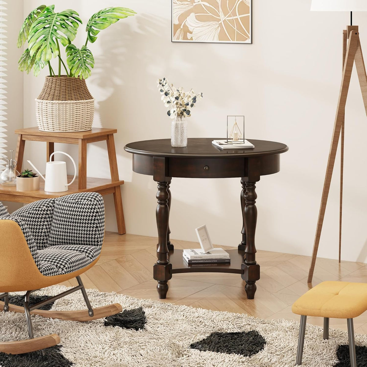 MODERION Oval End Table with Drawer, Solid Wood Sofa Side Table with Storage Shelf, Traditional