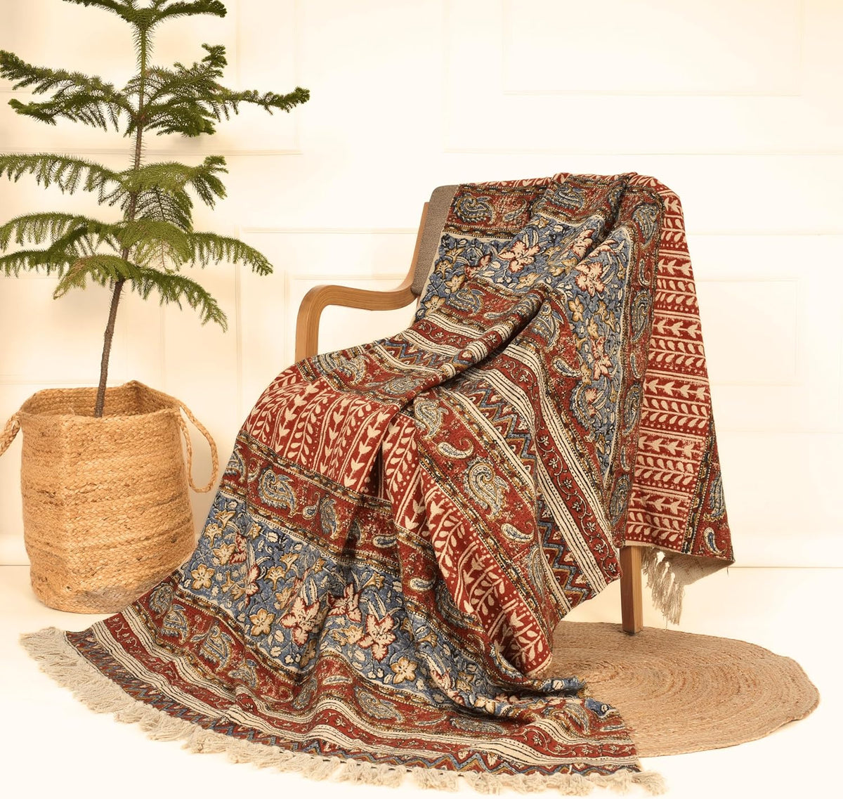 Handmade Cotton Floral Throw Blanket | Indian Block Print with Tassels | Boho Fringed Sofa & Bed