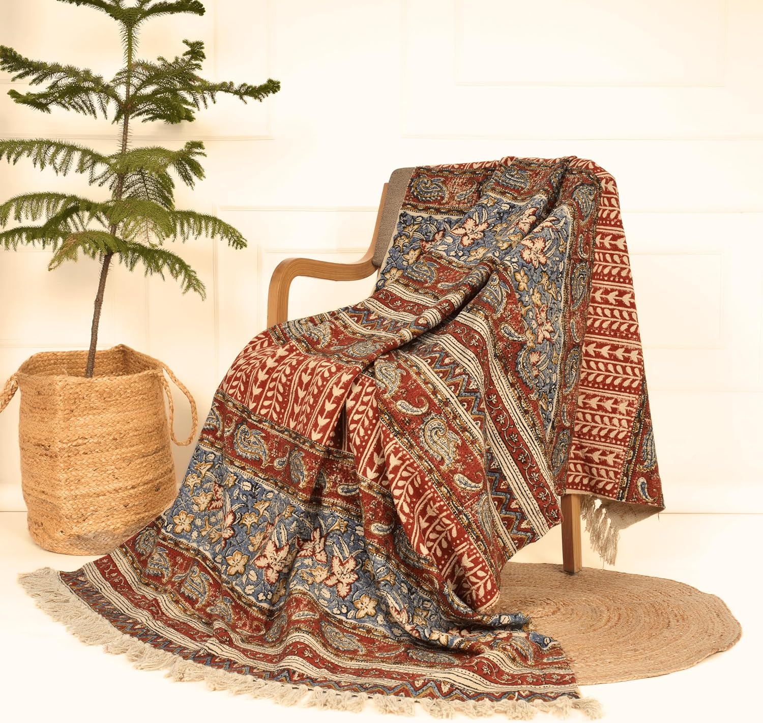 Handmade Cotton Floral Throw Blanket | Indian Block Print with Tassels | Boho Fringed Sofa & Bed
