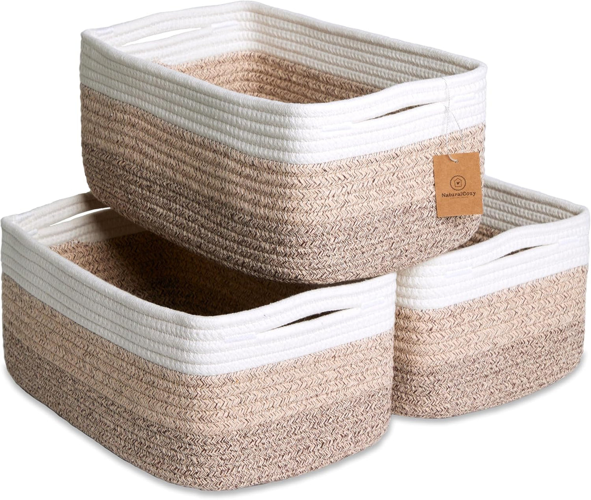 NaturalCozy 13.5”x8.5”x5.5” Storage Baskets for Shelves 3 Pack | Cotton Rope Woven Small Baskets