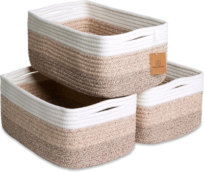 NaturalCozy 13.5”x8.5”x5.5” Storage Baskets for Shelves 3 Pack | Cotton Rope Woven Small Baskets