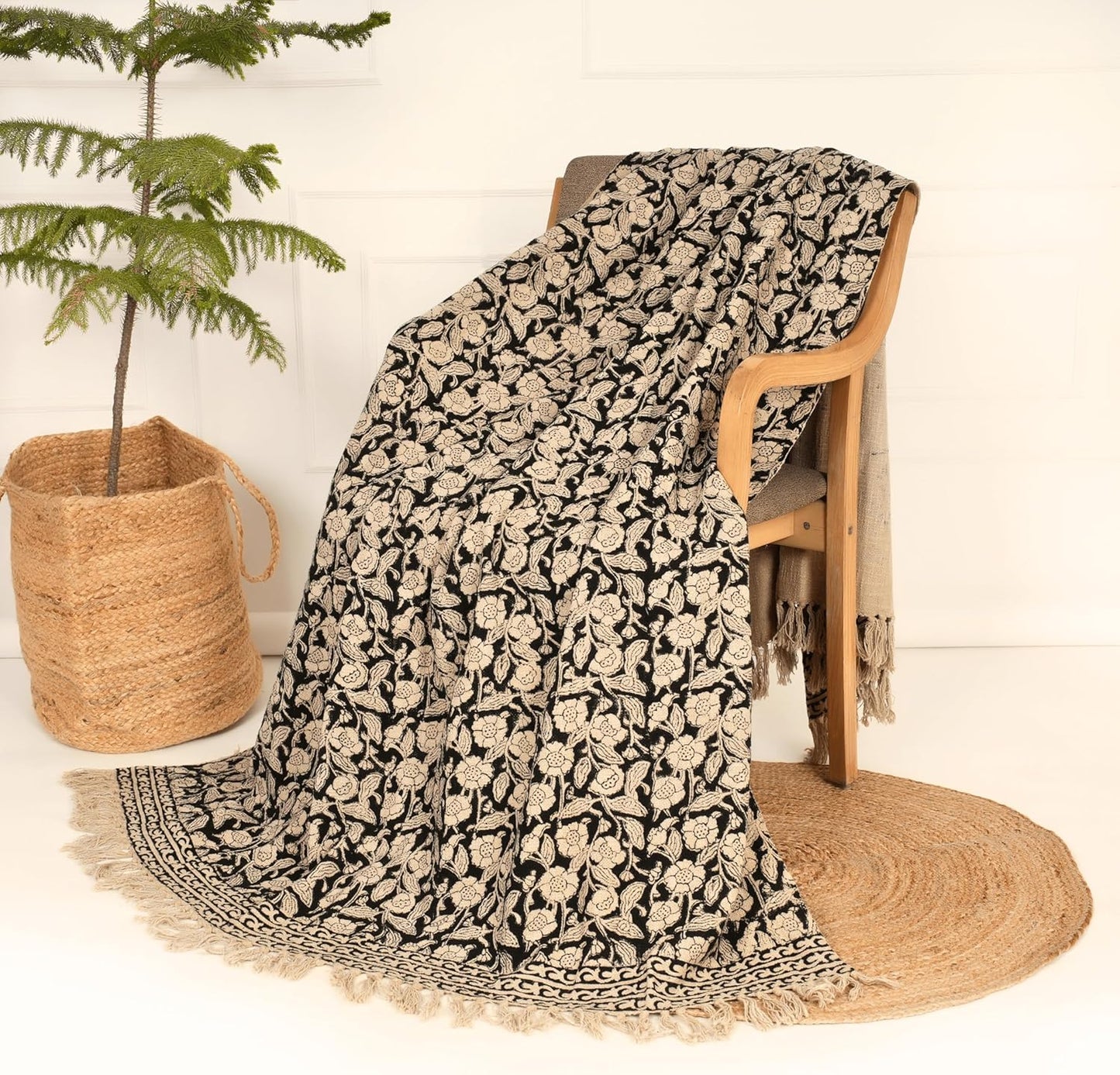 Handmade Cotton Throw Blanket, Floral Block Print, Black and Beige Wrap, 47x71 inches Decorative