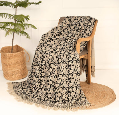 Handmade Cotton Throw Blanket, Floral Block Print, Black and Beige Wrap, 47x71 inches Decorative