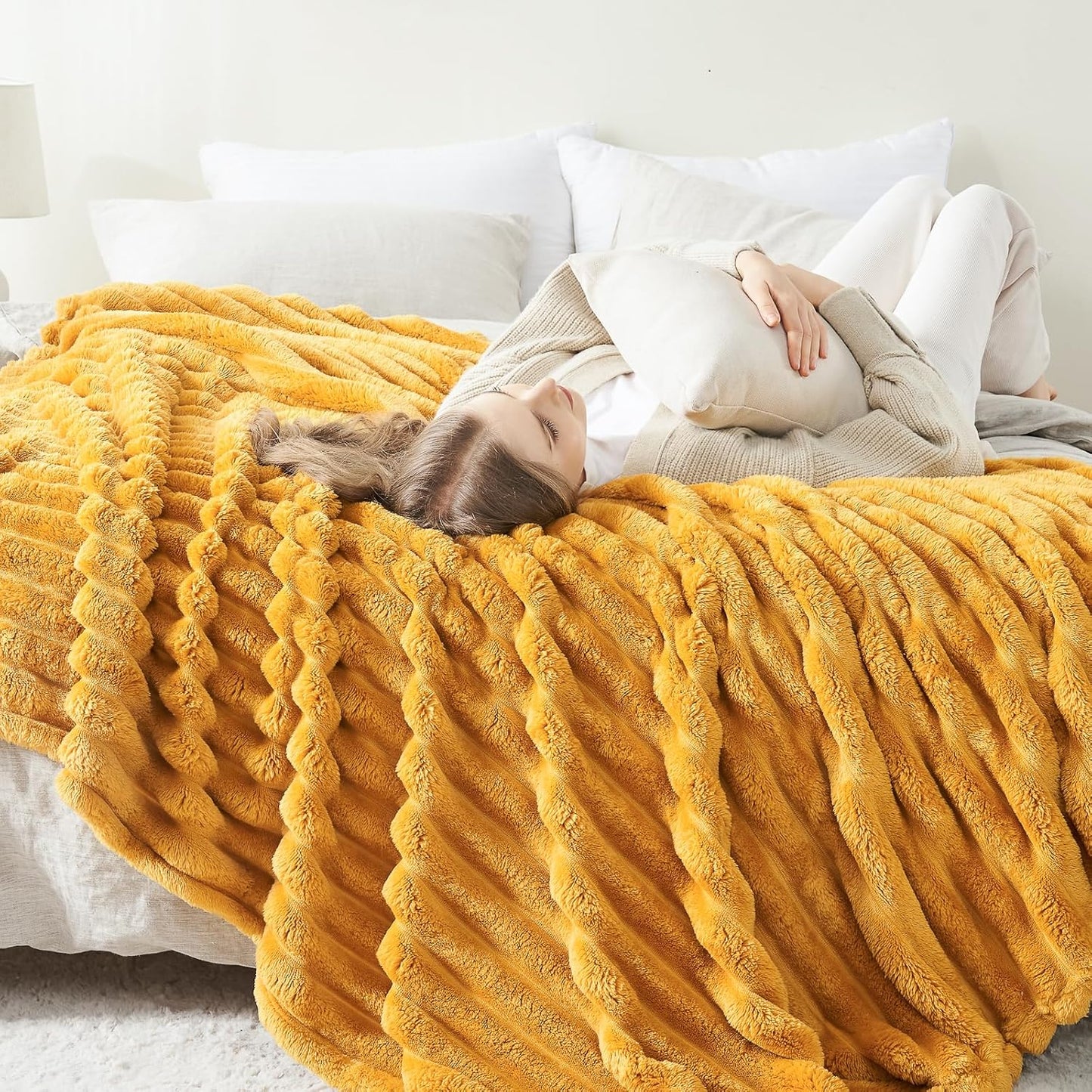 NEWCOSPLAY Super Soft Throw Blanket Mustard Yellow Premium Silky Flannel Fleece 3D Ribbed Jacquard