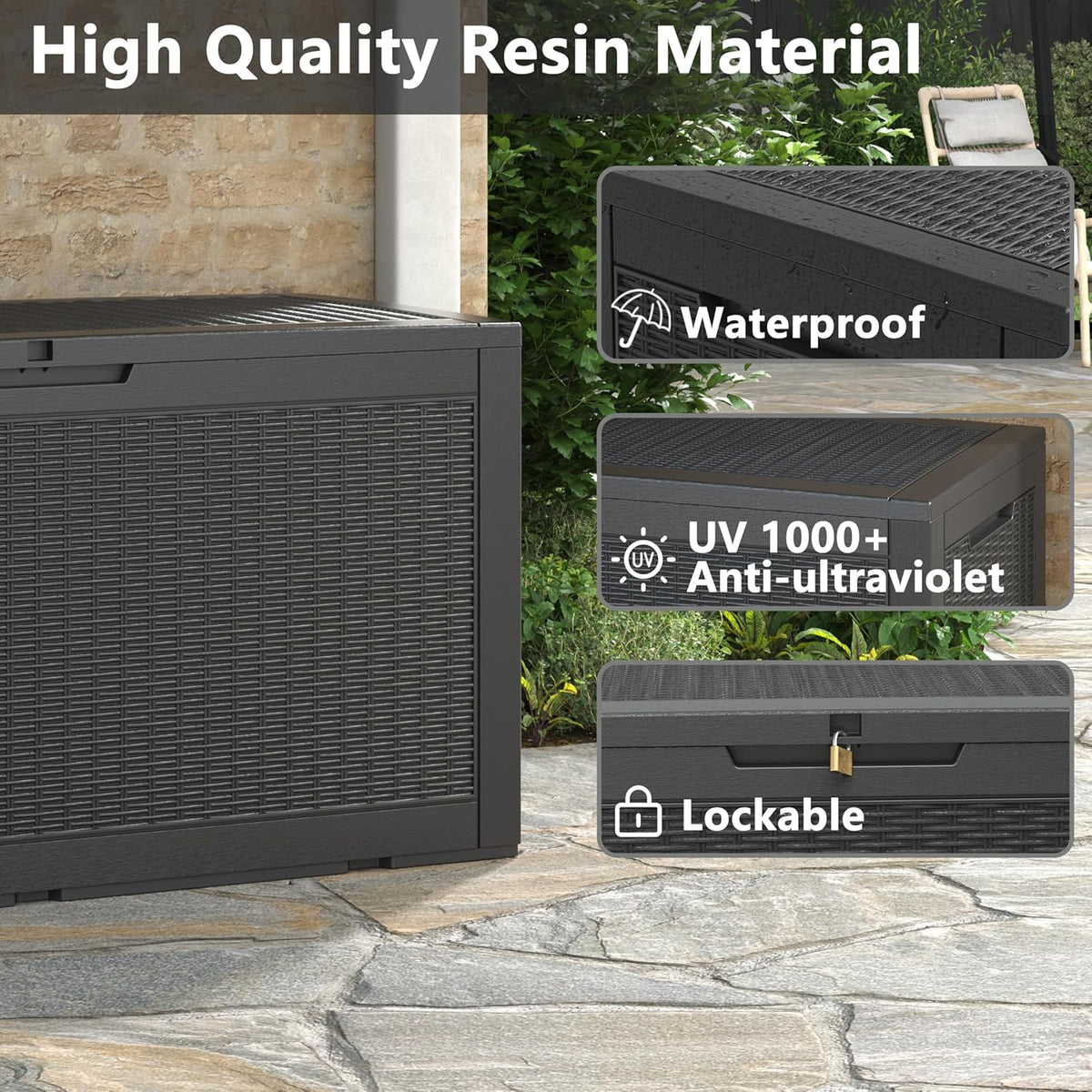 KAMABOKO 101 Gallon Waterproof Large Resin Deck Box, Lockable Large Outdoor Storage Boxes Indoor