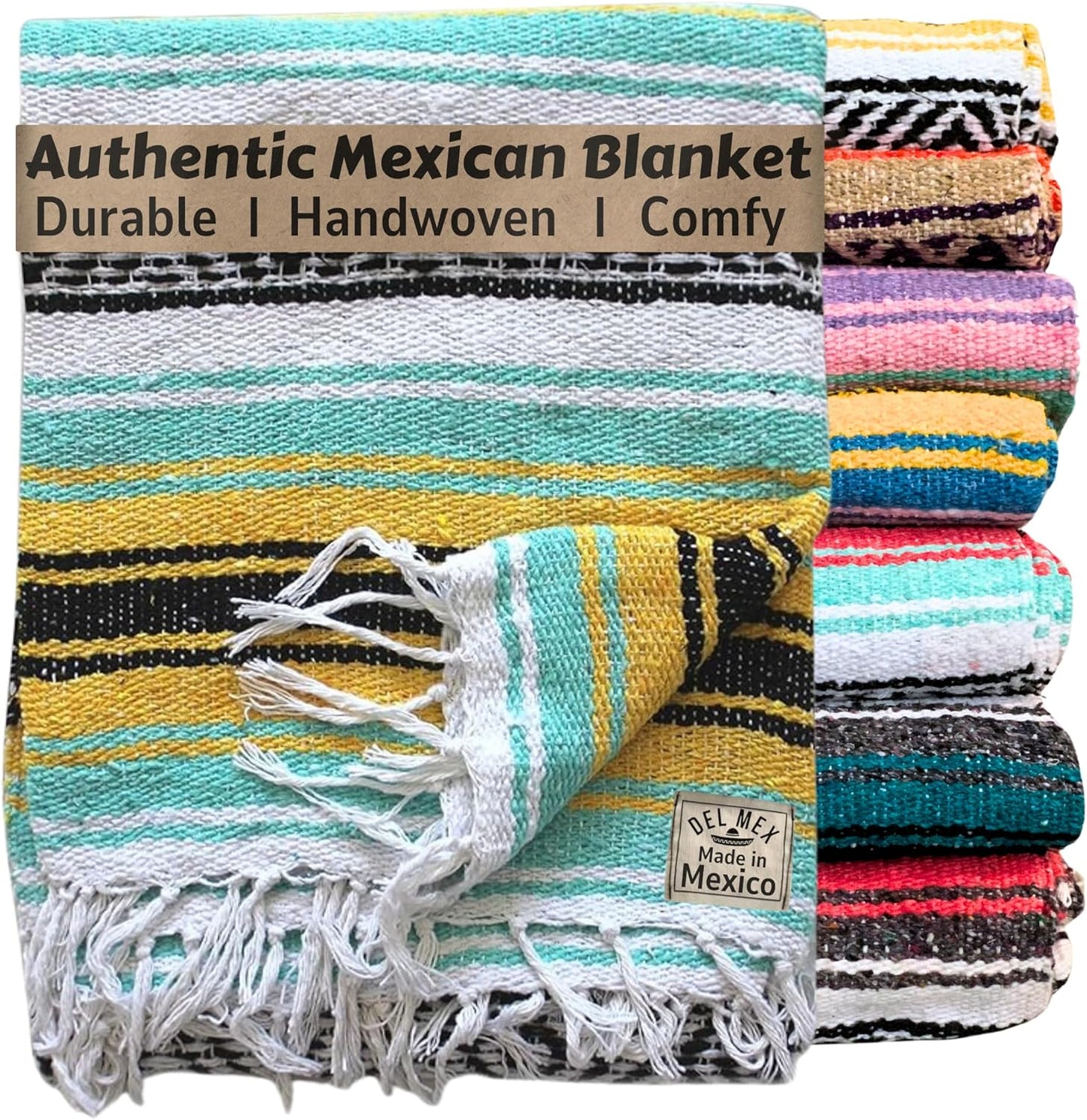 Del Mex Classic Mexican Blanket, Large Authentic Woven Falsa Throw (70"x50"), Artisan Southwest