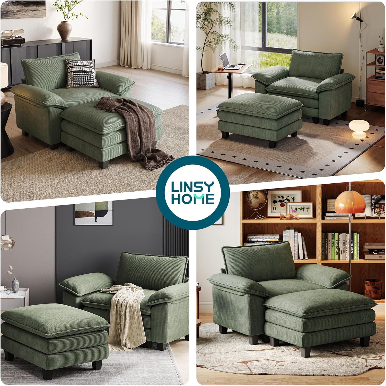 LINSY HOME Sofa Chair with Movable Ottoman - Corduroy Cloud Couch Chair Soft Comfy Modern Sofa