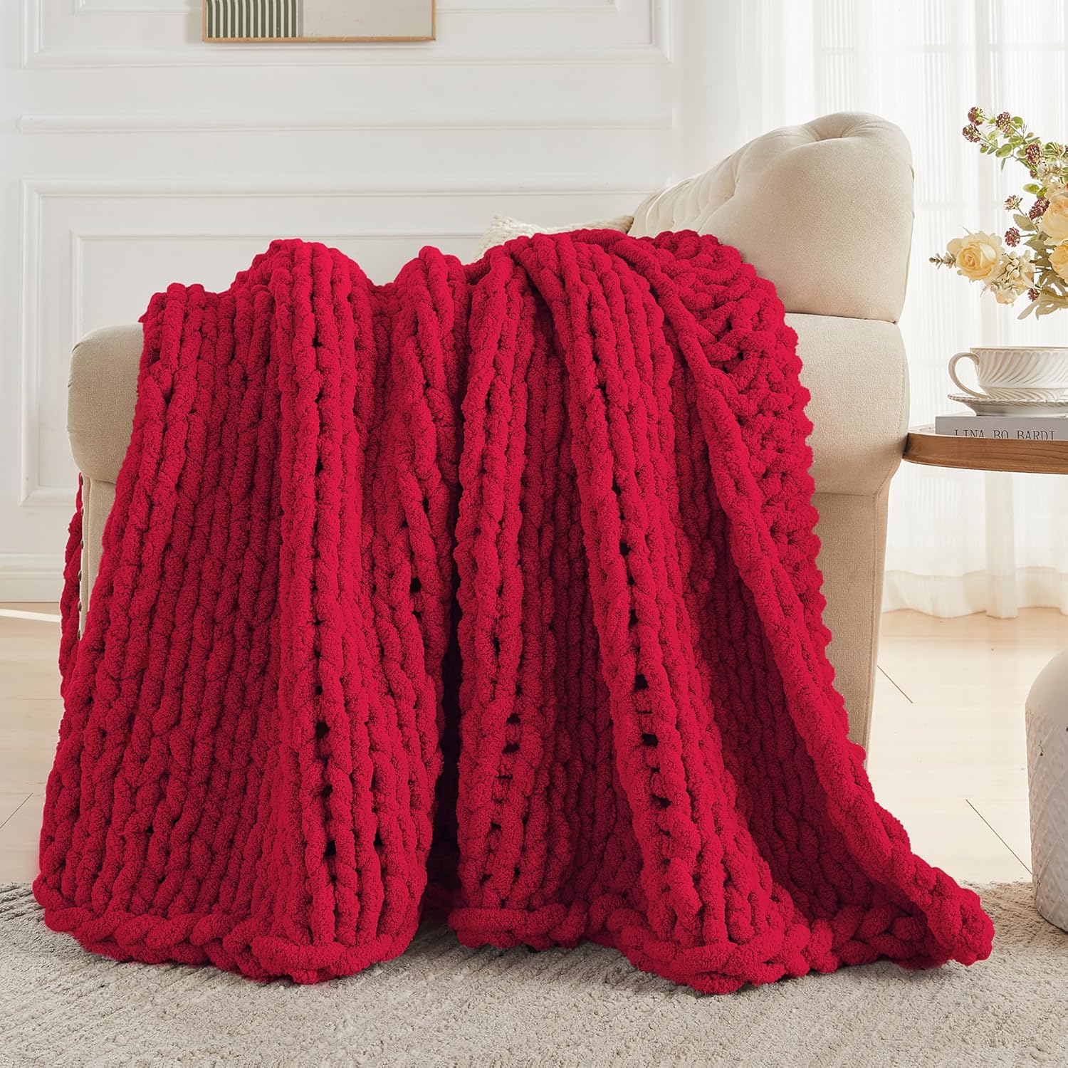 Carriediosa Chunky Knit Throw Blanket 60" X 80" Twin, 100% Hand Made Large Chenille Loop Yarn Soft