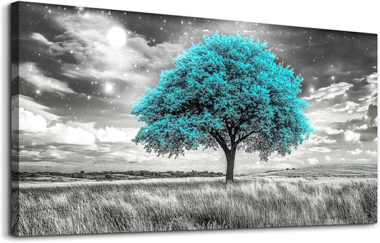 KELIYUAN Modern Canvas Print Wall Art Blue Tree Painting Full Of Stars Black And White Art pictures