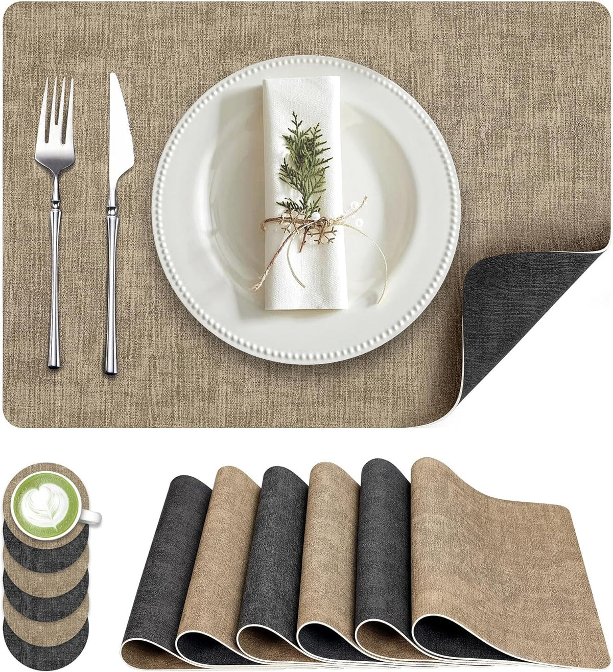 Faux Leather Dual Sided Placemats Set of 6, Square Non-Slip Heat Resistant Placemats with Coaster