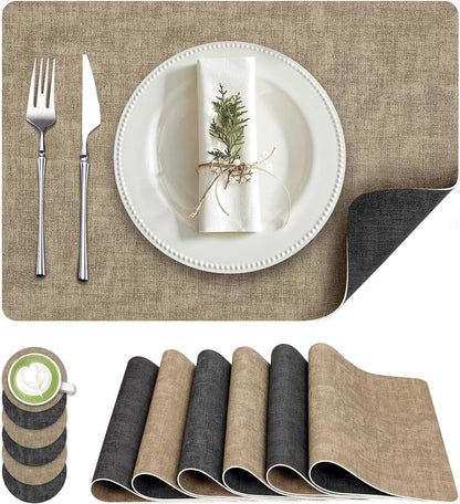 Faux Leather Dual Sided Placemats Set of 6, Square Non-Slip Heat Resistant Placemats with Coaster