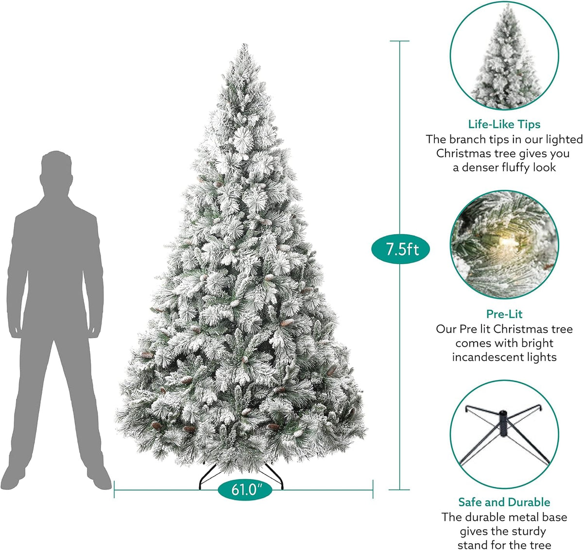 Glasgow 7.5ft Frosted Prelit Artificial Christmas Tree with Pine Cones, Foot Pedal, 1556 Branch