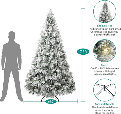Glasgow 7.5ft Frosted Prelit Artificial Christmas Tree with Pine Cones, Foot Pedal, 1556 Branch