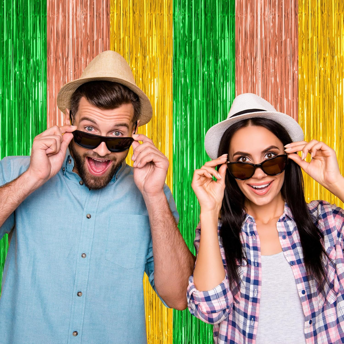 4 Pack Hawaiian Party Decorations, 3.28 FT x 7.05 FT Hawaii Tinsel Backdrop, Green Brown Yellow