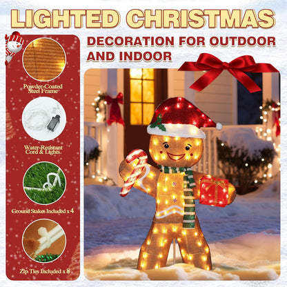5FT Gingerbread Man with Candy Cane and Gift Box Decoration, 2.5D Pre-Lit Gingerbread Man Decor