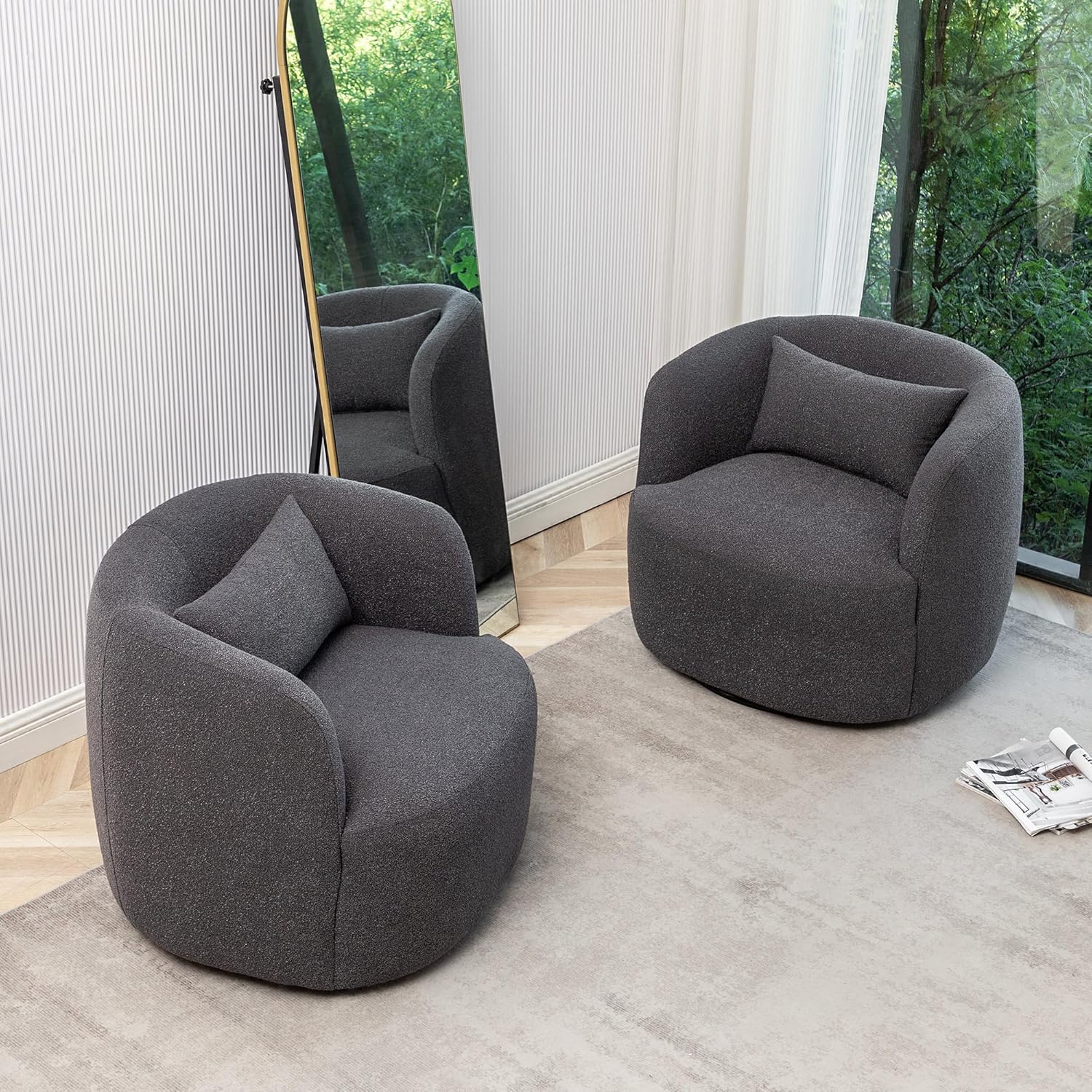 KINWELL 34" Wide Boucle Swivel Barrel Chairs Set of 2, No Assembly Round Upholstered Armchairs