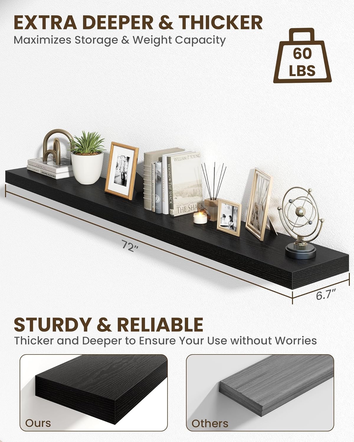 Marsmiles 72" Floating Shelves for Wall, Wooden Shelves with Invisible Brackets Set of 2, Rustic