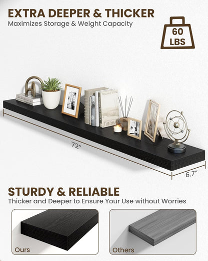 Marsmiles 72" Floating Shelves for Wall, Wooden Shelves with Invisible Brackets Set of 2, Rustic