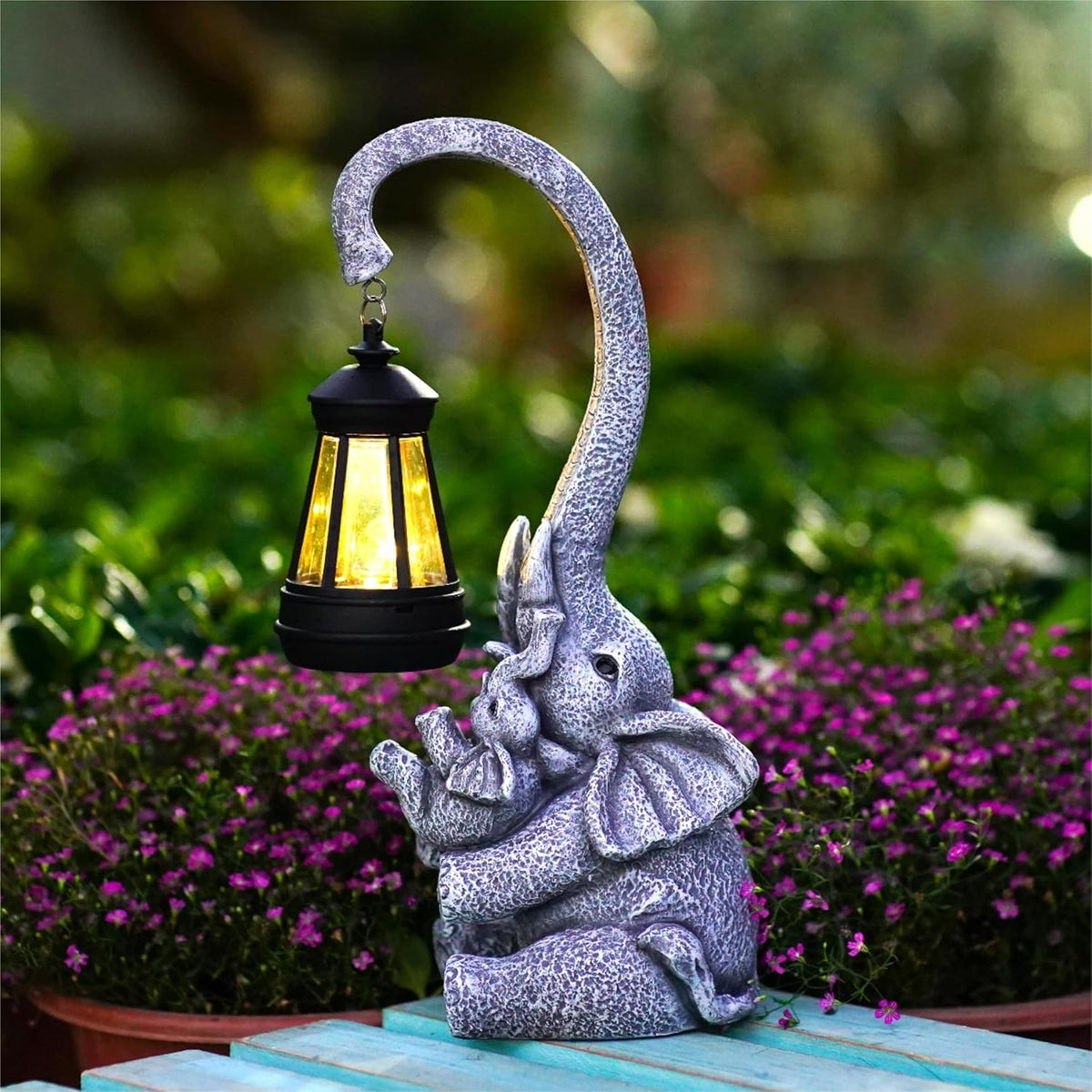 Elephant Outdoor Statues with Cute Baby Garden Decor, Resin Elephant Figurines with Solar Lantern
