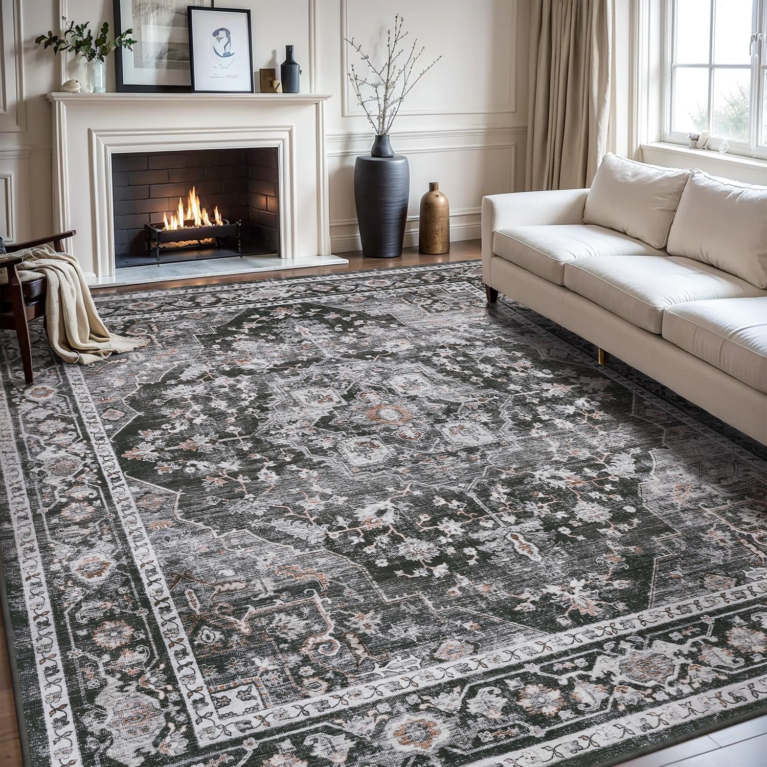 AMOAMI-Area Rug 6X9 Rugs for Living Room-Vintage Sof Dark Grey & Black Rugs for Bedroom-Non Slip