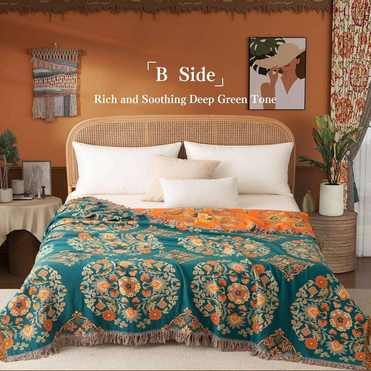 Boho Throw Blanket Twin Size, Soft Cozy Cotton Muslin Quilt Blanket for Bed Decor, Floral Patterned